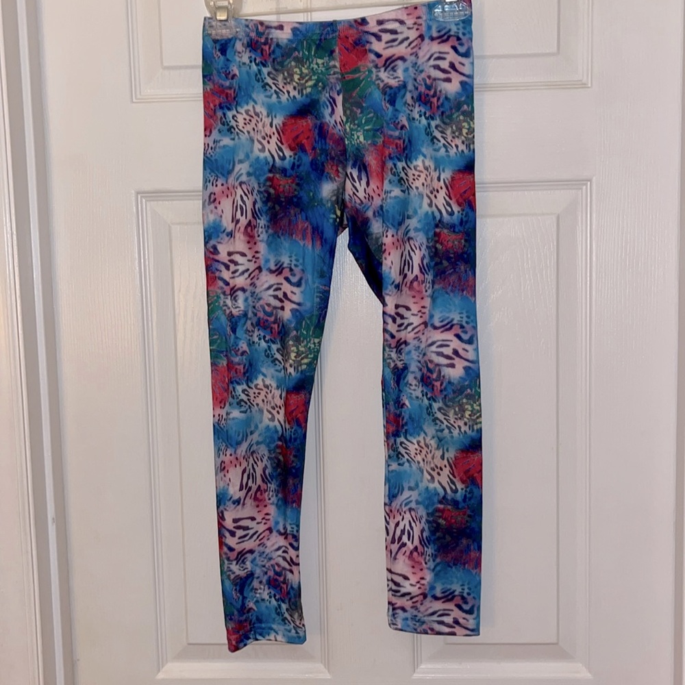 Girl’s Faded Glory athletic leggings, Large (10-12), blue, pink, green pattern